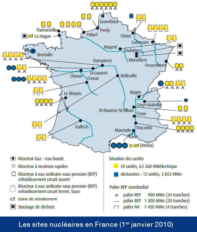 Cartes des sites nucléaires en France - 2011